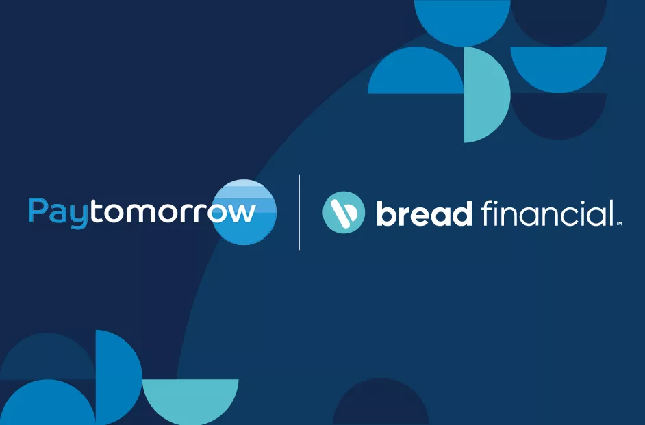 Lockup of PayTomorrow and Bread Financial logos, with dark blue background and Bauhaus elements.