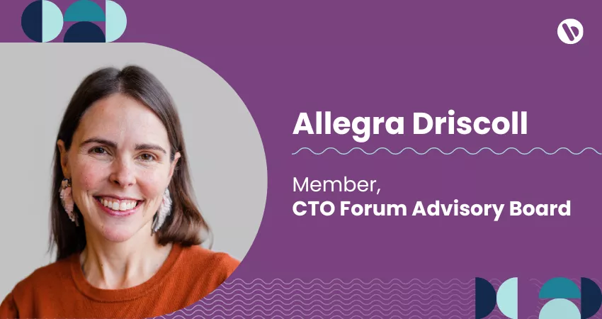 Graphic with headshot of Bread Financial CTO Allegra Driscoll, announcing her appointment to the CTO Forum Advisory Board. The graphic includes Bauhaus elements and a purple background.