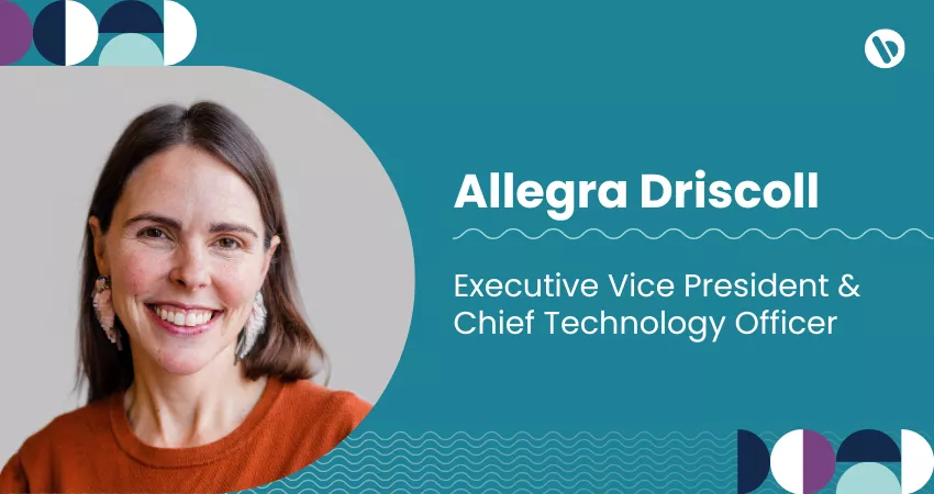 Graphic with headshot of Allegra Driscoll, announcing her new role as executive vice president and chief technology officer at Bread Financial. The graphic include Bauhaus elements and a seafoam background.