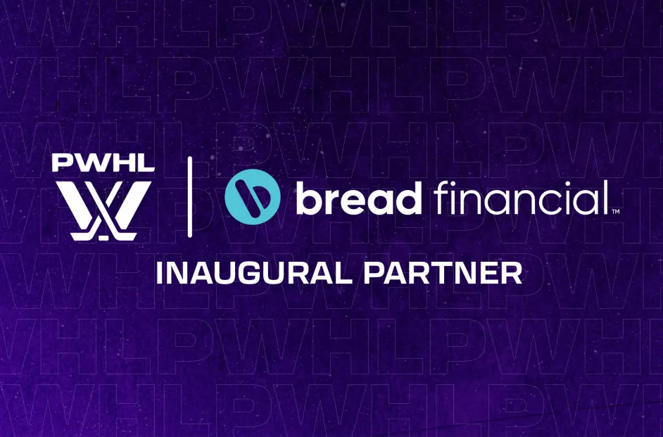 Logo lockup of the Bread Financial and PWHL logos, announcing Bread Financial as an inaugural partner of the Professional Women's Hockey league. Purple background.