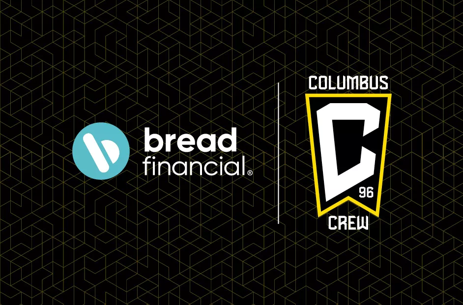 Graphic featuring a lock up of the Bread Financial and Columbus Crew logos. Background includes Crew branding and black and gold colors.