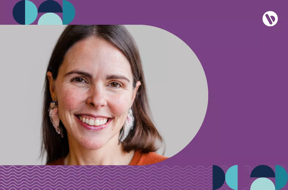 Headshot of Bread Financial Chief Technology Officer Allegra Driscoll, with purple background and Bauhaus graphic design elements included.