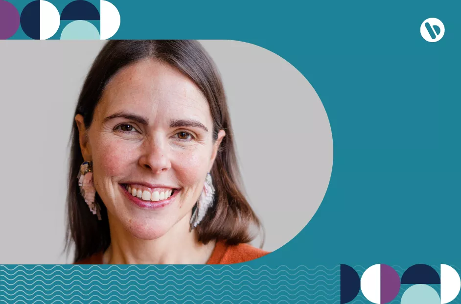 Graphic with headshot of Allegra Driscoll, announcing her new role as executive vice president and chief technology officer at Bread Financial. The graphic include Bauhaus elements and a seafoam background.