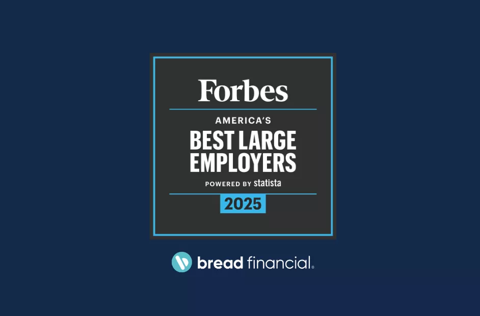 Graphic featuring the Forbes America's Best Large Employers 2025 and Bread Financial logos against a dark blue background with Bauhaus elements.