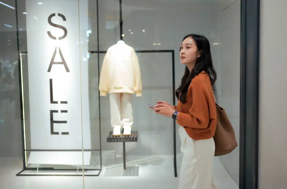 Young woman holding smartphone, pausing to browse a boutique window display with Sale sign, contemplating purchases in mall