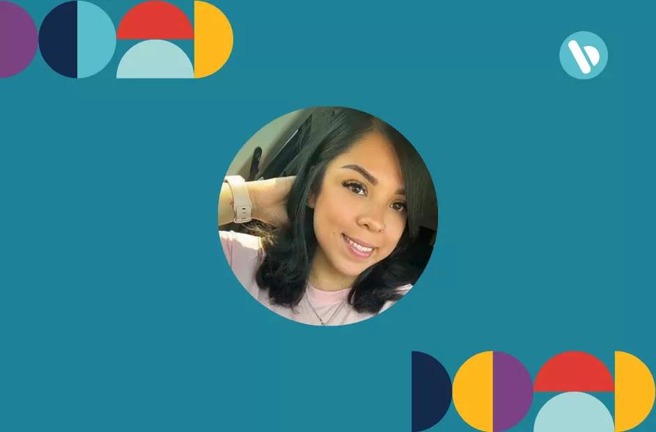 Headshot of associate Maria Munoz, with Bauhaus elements incorporated.