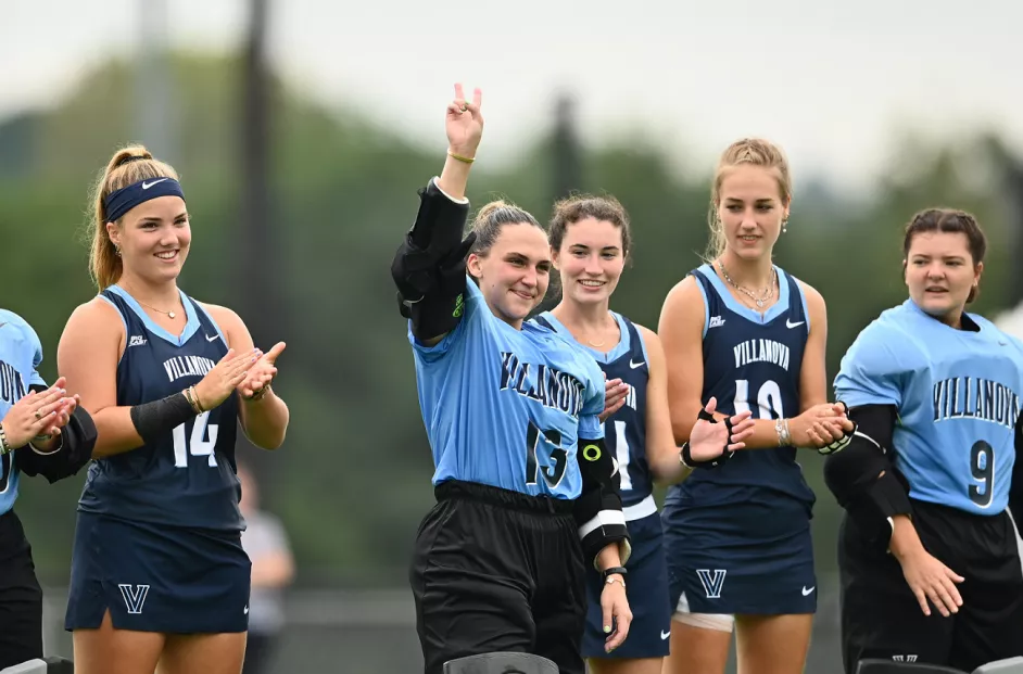 Group of female college field hockey players