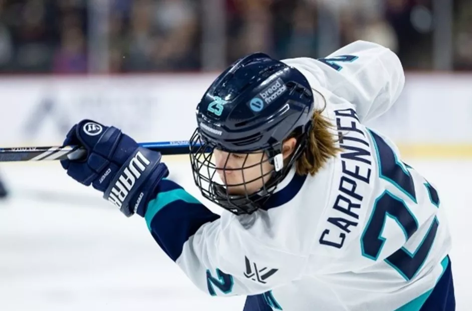 A player from PWHL New York attempts a shot. The Bread Financial logo is clearly visible on the player's helmet.