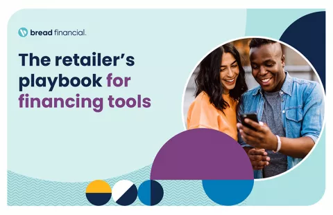Graphic with includes Bauhaus imagery, the Bread Financial logo, and image of a couple smiling while look at their cell phone, and the following text: "The retailer's playbook for financing tools."