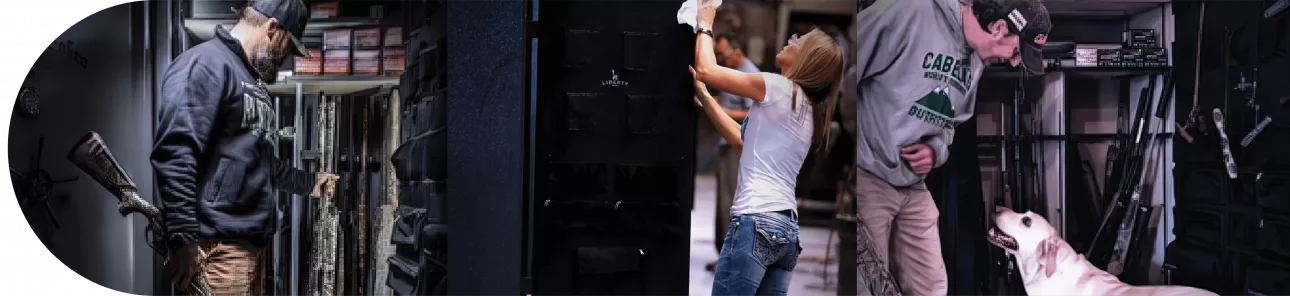 Man grabbing rifle from a safe, woman cleaning a safe and man staring at dog in front of a safe full of rifles