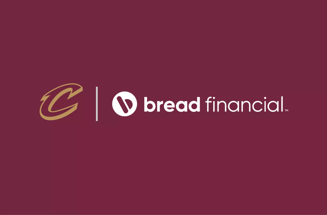 Cleveland Cavaliers and Bread Financial logos with Wine-colored backgroup.