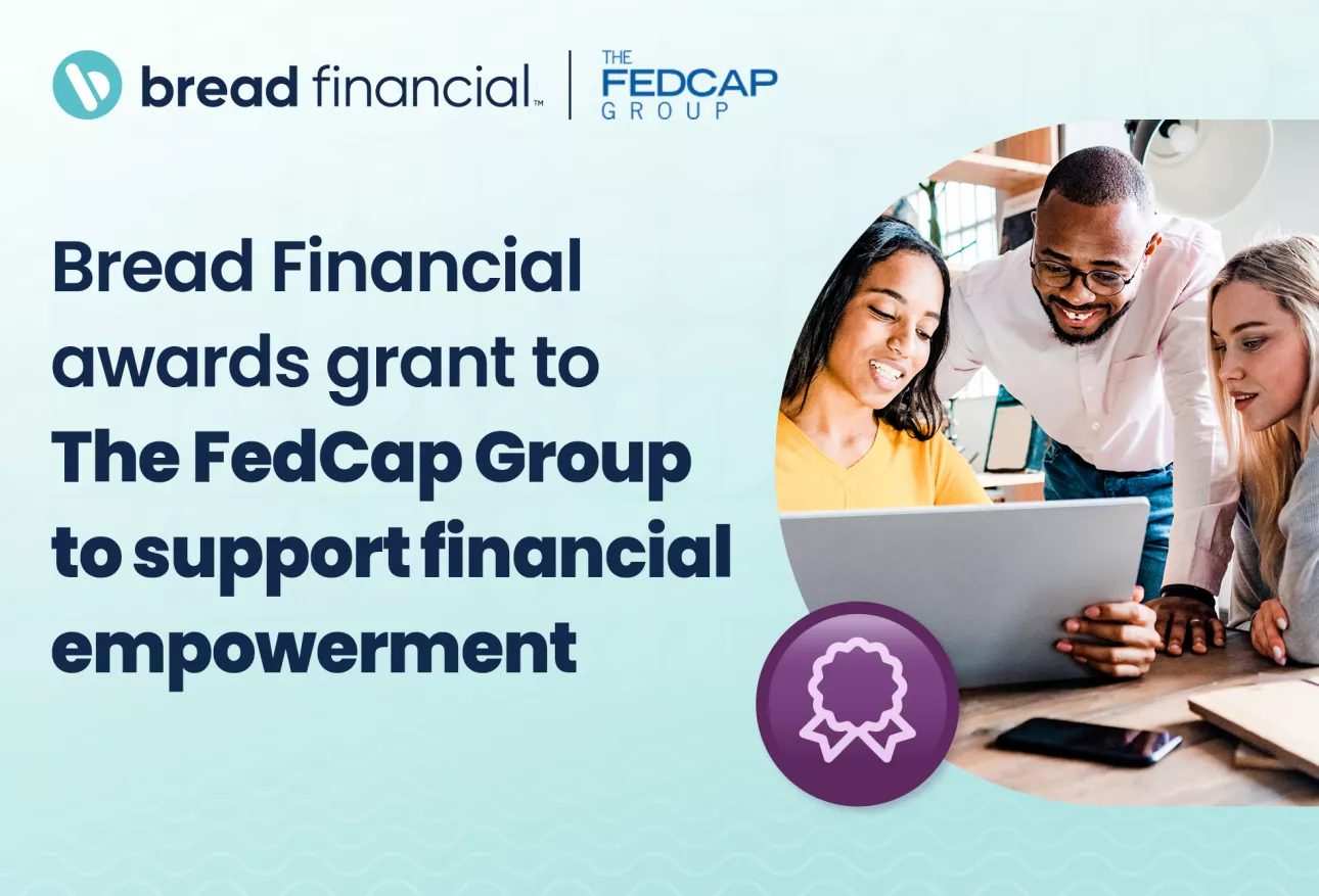 Group of three gathers around a laptop. Supporting text reads, "Bread Financial awards grant to The FedCap Group to support financial empowerment"
