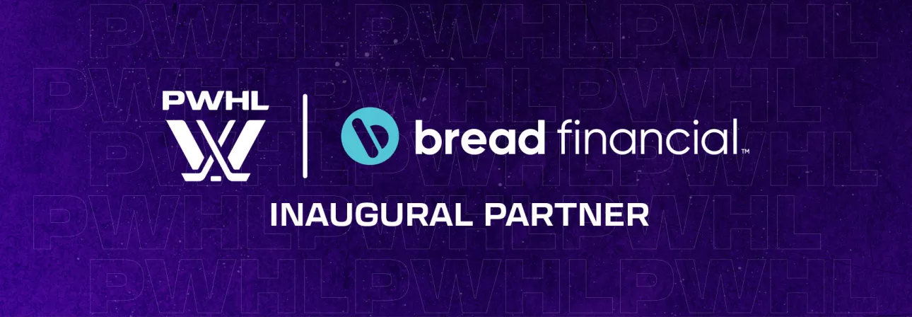 Logo lockup of the Bread Financial and PWHL logos, announcing Bread Financial as an inaugural partner of the Professional Women's Hockey league. Purple background.