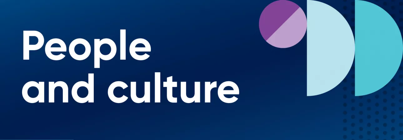 People and Culture header. Dark blue background and bauhaus elements included.