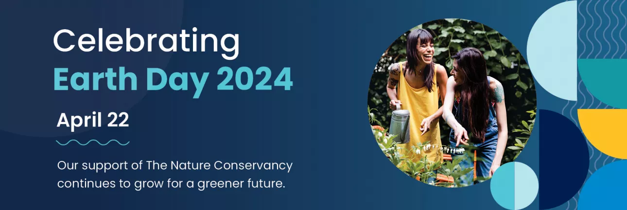 Celebrating Earth Day 2024. Image includes a picture of two female friends laughing while gardening. Graphic include Bauhaus elements set against a dark blue background.