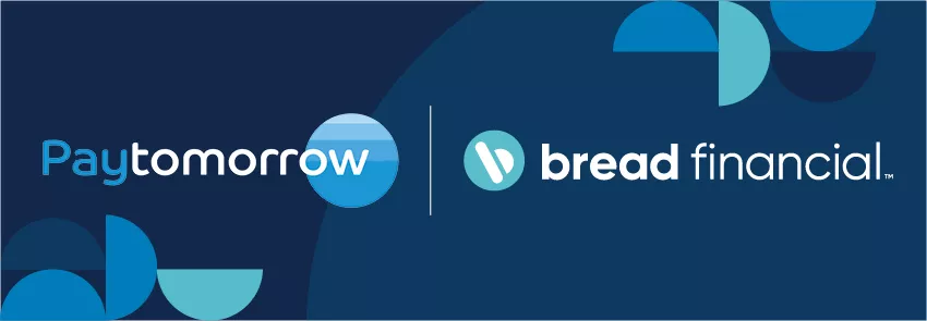 Lockup of PayTomorrow and Bread Financial logos, with dark blue background and Bauhaus elements.