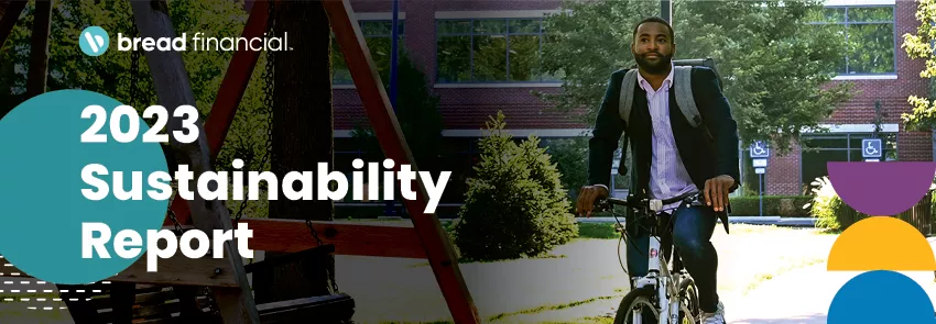 A man rides a bike through the Bread Financial outdoor courtyard. "2023 Sustainability Report" is included in the design, along with the Bread Financial logo and Bauhaus elements.