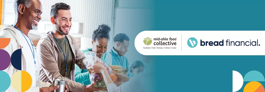A group of friends volunteers at a food bank. Bauhaus elements and a lockup of the Bread Financial and Mid-Ohio Food Collective logos included.