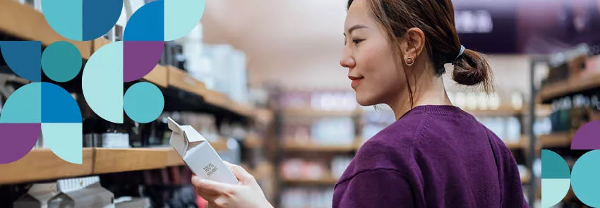 Woman shopping, picking an item off the shelf. Bauhaus elements included.