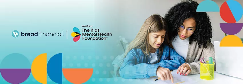 Graphic with Bread Financial and Kids Mental Health Foundation logo lockup, Bauhaus elements and seafoam coloring. It includes an image of a woman helping a younger girl with her school work.