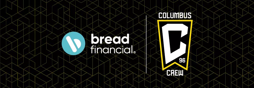 Graphic featuring a lock up of the Bread Financial and Columbus Crew logos. Background includes Crew branding and black and gold colors.