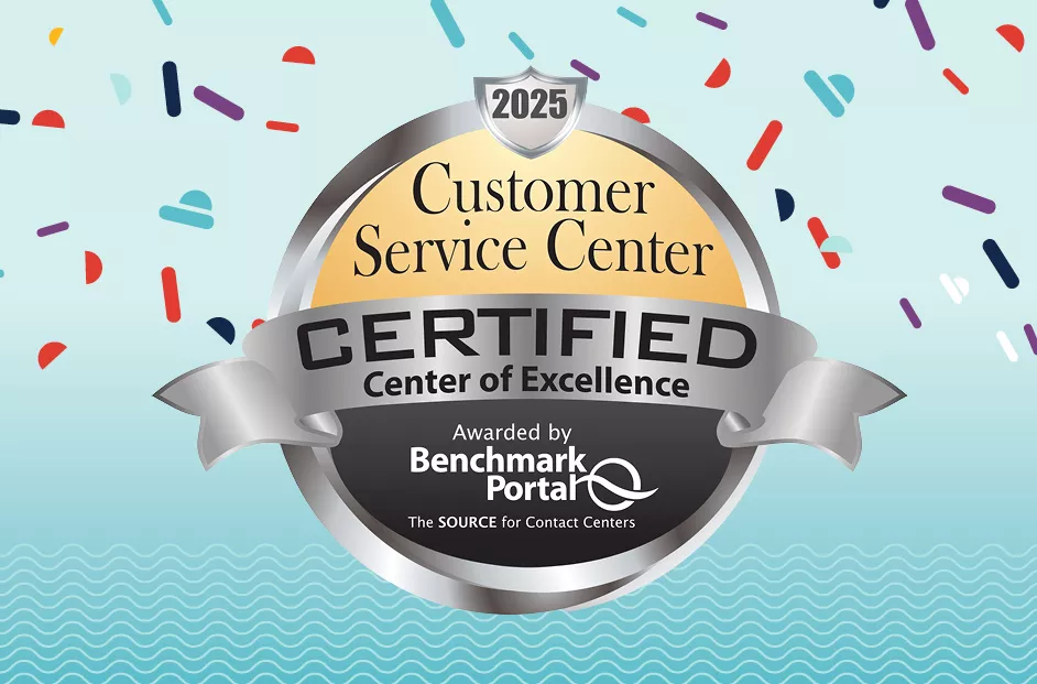 Benchmark Portal Certified Center of Excellence logo with faded blue background and sprinkle elements.