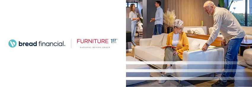 Older woman and man shop at a boutique furniture store. Logo lockup featuring the Bread Financial and Furniture first logos included.
