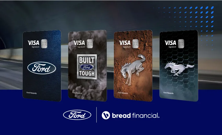 Four Ford Rewards Visa Signature credit cards with distinct designs, including Ford branding and a Mustang emblem, shown above the Ford and Bread Financial logos.