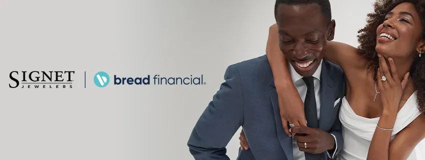 Signet Jewelers and Bread Financial logos displayed beside a jewelry-ad campaign image featuring two people dressed in formal attire, showcasing rings, bracelets, necklaces, and wedding jewelry.