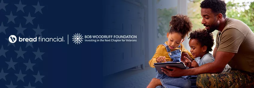 Photo of a miliary father reading to his children. It includes the Bread Financial and Bob Woodruff Foundation logos in a logo lockup against a dark blue background