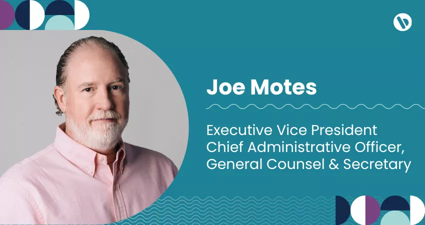 Graphic with headshot of Joe Motes, executive vice president, chief administrative officer, general counsel and secretary at Bread Financial. The graphic include Bauhaus elements and a seafoam background.
