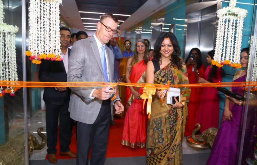 Ribbon cutting ceremony at the Bread Financial Bangalore office.