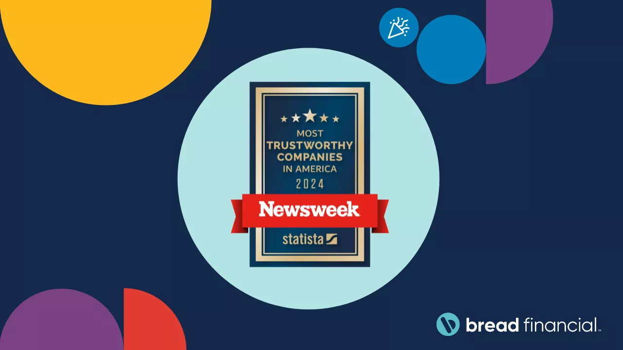 Graphic announcing Bread Financial's inclusion on Newsweek's Most Trustworthy Companies list. Image includes multi-colored Bauhaus elements and a dark blue background.