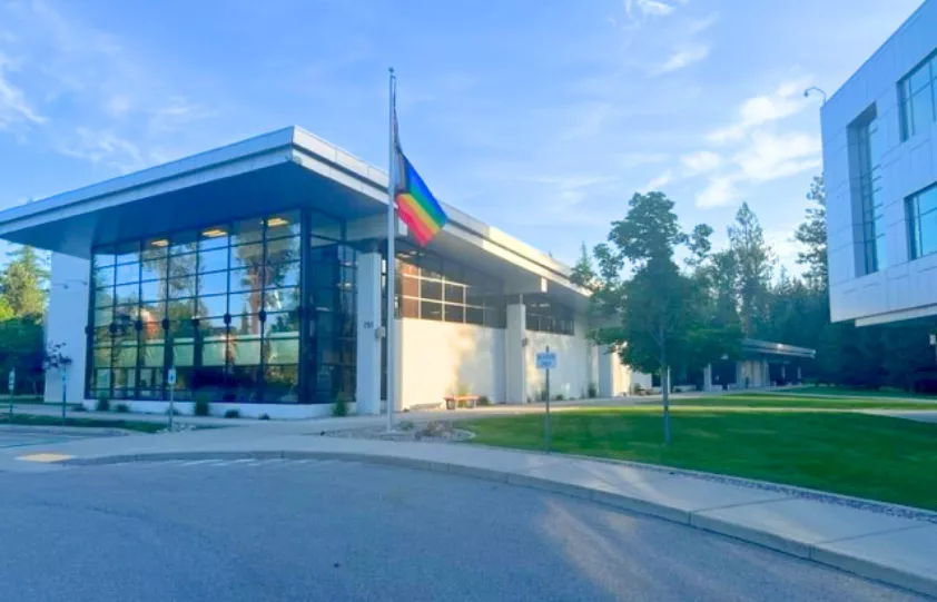 The Progress Pride Flag at Bread Financial's Coeur d'Alene office.