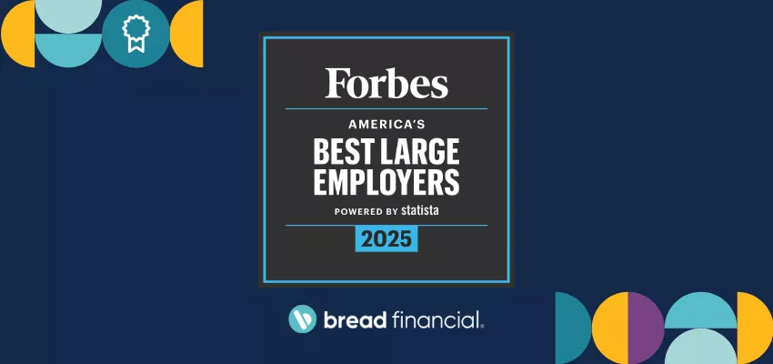 Graphic featuring the Forbes America's Best Large Employers 2025 and Bread Financial logos against a dark blue background with Bauhaus elements.