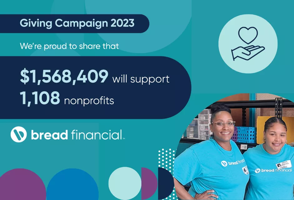 Graphic sharing the total amount raised during Bread Financial's 2023 Giving Campaign ($1,568,409)
