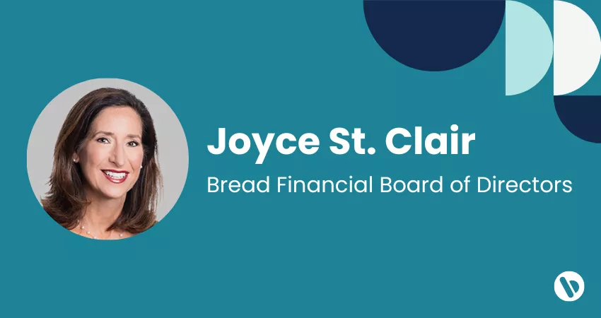 Graphic announce Joyce St. Clair's appointment to the Bread Financial Board of Directors, with her headshot included.