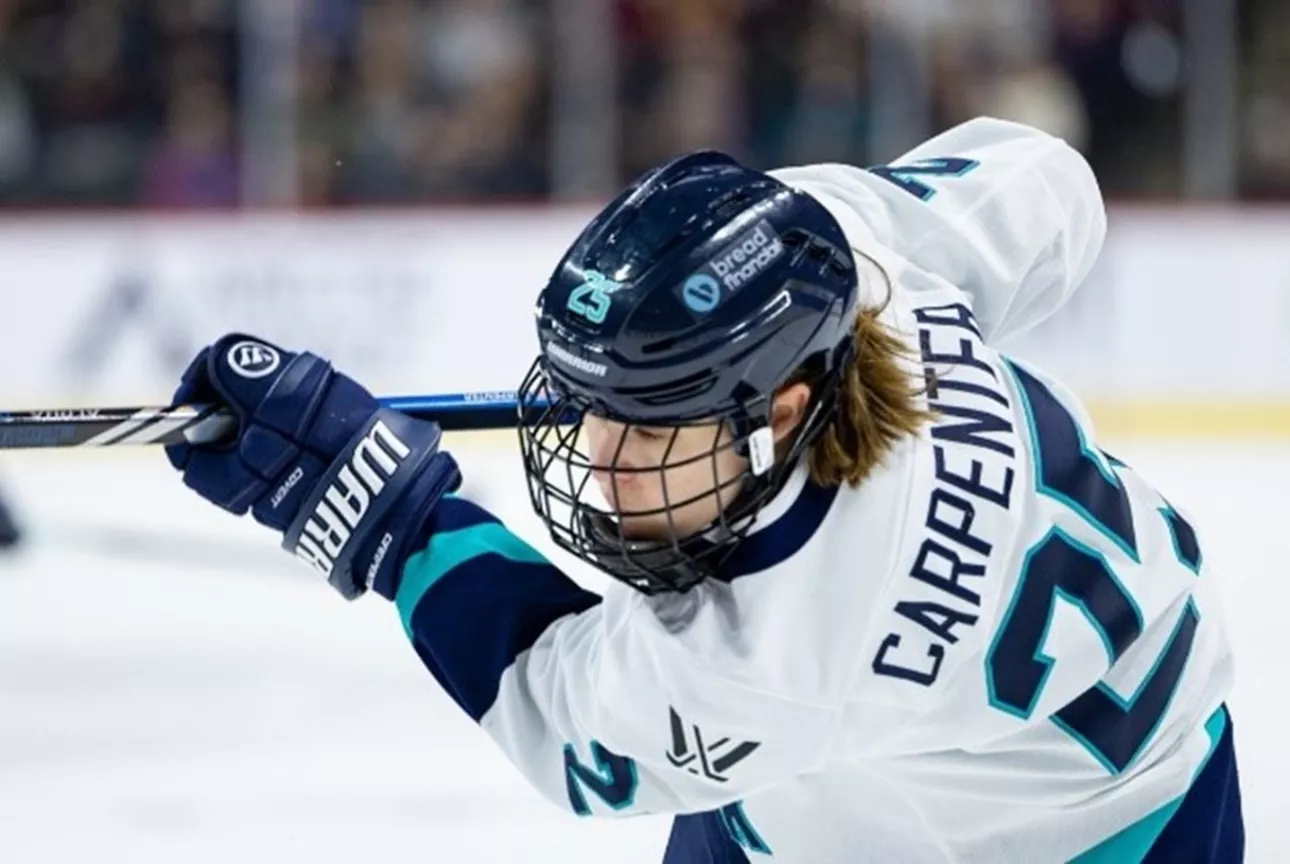 A player from PWHL New York attempts a shot. The Bread Financial logo is clearly visible on the player's helmet.