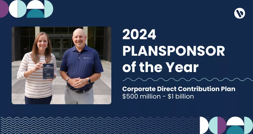 2024 PLANSPONSOR of the Year award graphic with dark blue background and bauhaus elements. The graphic includes a photo of Lindsay Madaras, senior manager of associate well-being, and Perry Beberman, executive vice president and chief financial officer, pictured with the PlanSponsor of the Year Award at Bread Financial's Columbus, Ohio office.