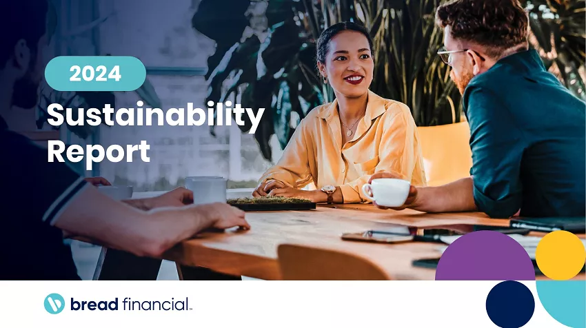 Stock image of a man and women having a meeting at a table. Includes the text "2024 Sustainability Report", the Bread Financial logo and bauhaus elements.