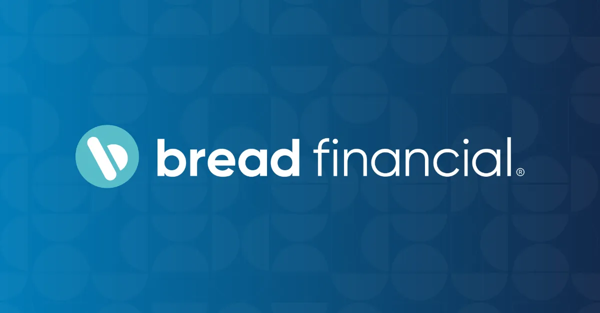 The Bread Financial logo appears centered on a blue gradient background with a subtle geometric pattern of circles and semicircles. The logo features a teal circular icon with a stylized white "b" mark, followed by the white text "bread financial®".