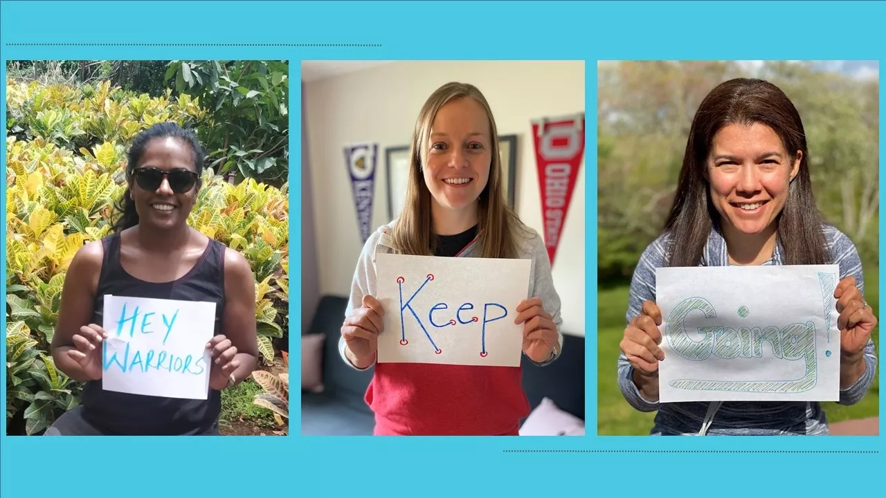 Mary Savitha, Lindsay Madaras and Maile Kusano display virtual messages of encouragement during the COVID-19 pandemic.